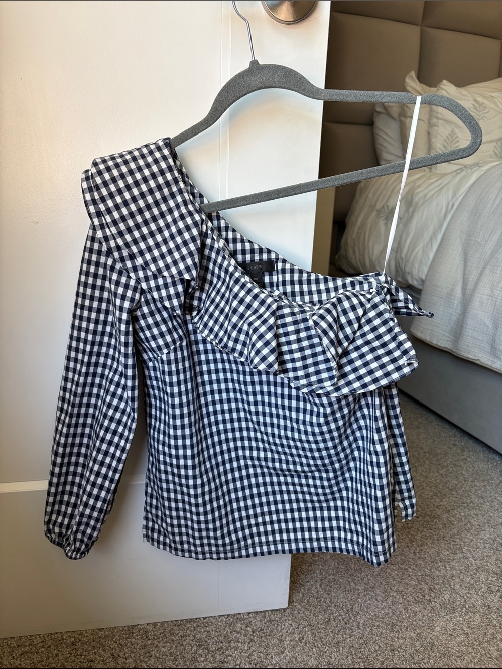 J. Crew Navy and White Gingham One-Shoulder Top